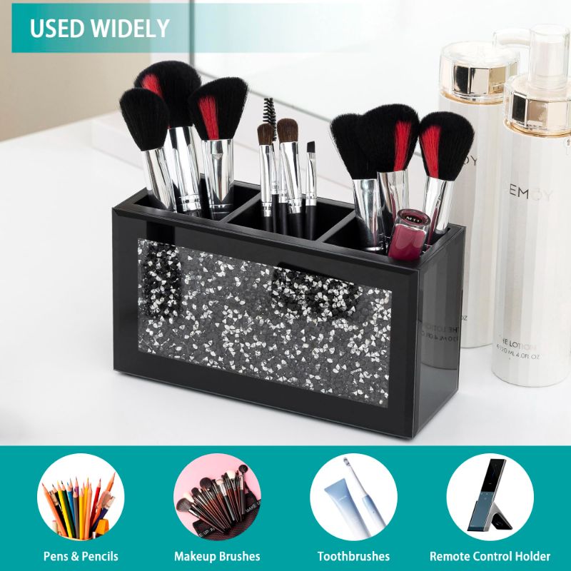 Photo 1 of *MINOR DAMAGE, SEE NOTES** SHYFOY Black Makeup Brush Holder Organizer, 3 Slots Glass Cosmetic Brushes Storage Holder with Crushed Diamond, Pencil Pen Holder for Desk, Desk Organizer and Accessories for Vanity