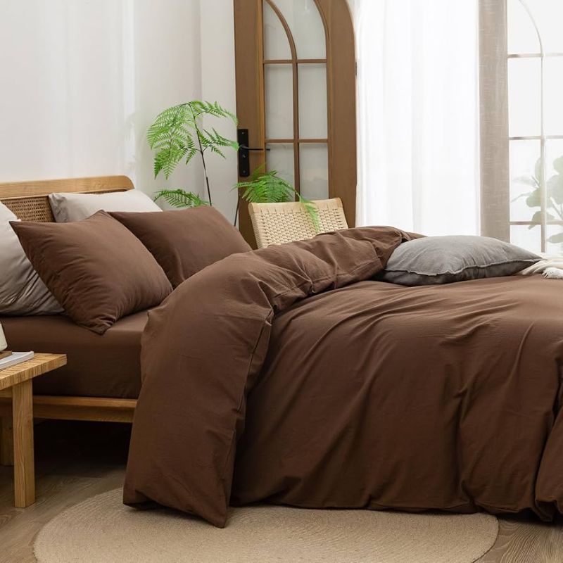 Photo 1 of BESTOUCH Duvet Cover Set 100% Washed Cotton Linen Feel Super Soft Comfortable Chic Lightweight 3 PCs Home Bedding Set Solid Cocoa Brown King
