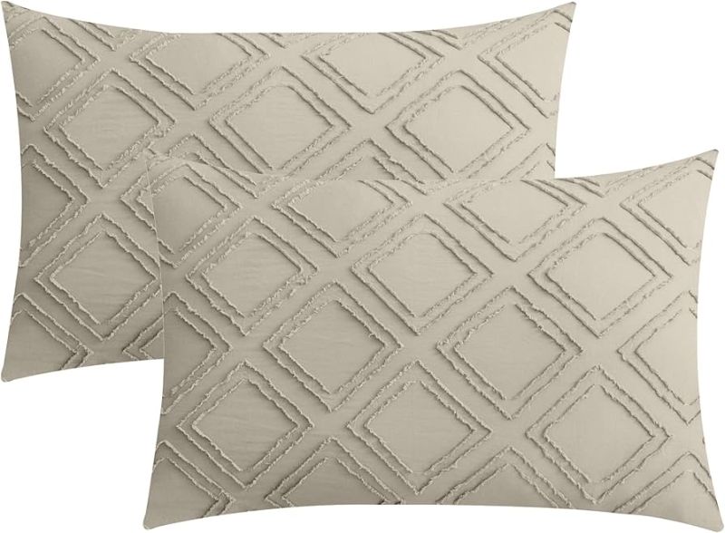 Photo 1 of JELLYMONI Pillowcases Standard Size Khaki 2 Pack Boho Plaid Bed Pillow Covers 20x26in Polyester Envelope Pillow Shams Tufted Bohemian Textured (Pillows are not Included)
