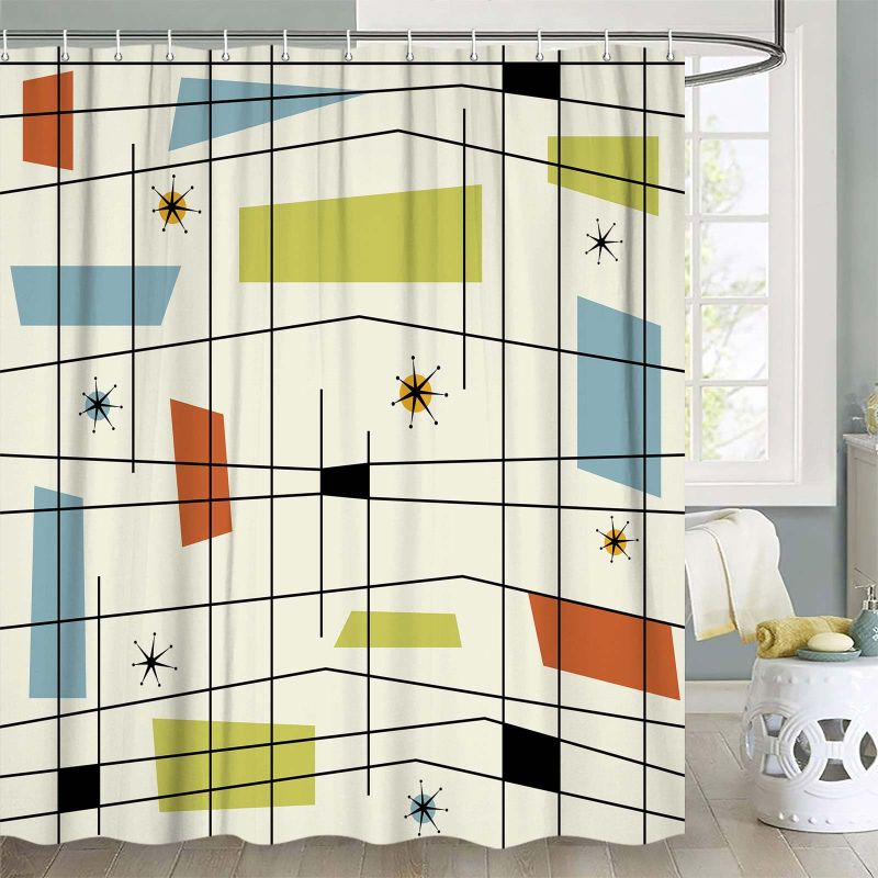 Photo 1 of RV SHOWER CURTAIN DYNH Mid Century Shower Curtain, Aesthetic Abstract Geometric Mid Century Shower Curtains, Blue Retro Grid Starbursts 1950S 1960S Modern Minimalist Shower Curtain for Bathroom with Hooks, Camper/ Rv SET OF 2. 47x63 HOOKS INCLUDED