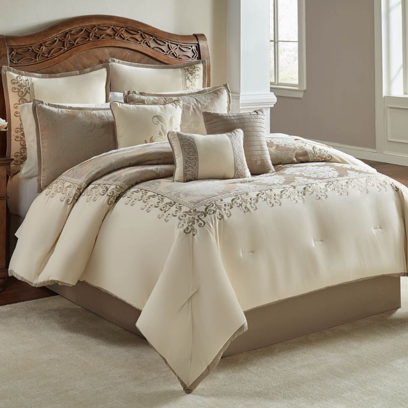 Photo 1 of Riverbrook Home 100% Polyester Comforter Set, Queen, Hillcrest - Ivory/Gold, 9 Piece Set INCLUDES: Comforter, 2 standard sham, 3 decorative pillows, 2 Euro sham, bed skirt