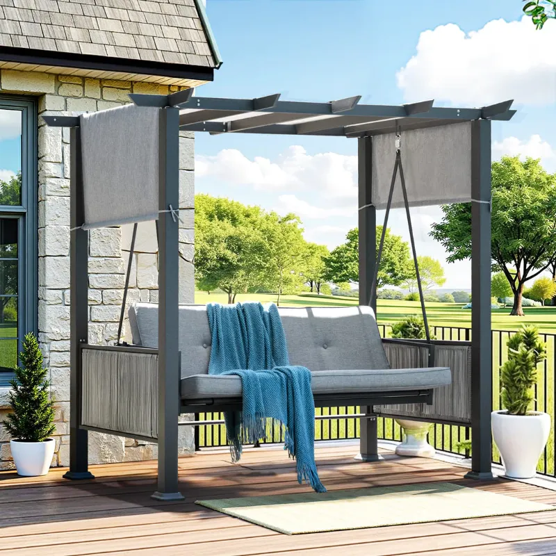 Photo 1 of Pamapic 3-Seat Outdoor Metal Pergola Porch Swing Bed with Stand & Cushion, Gray