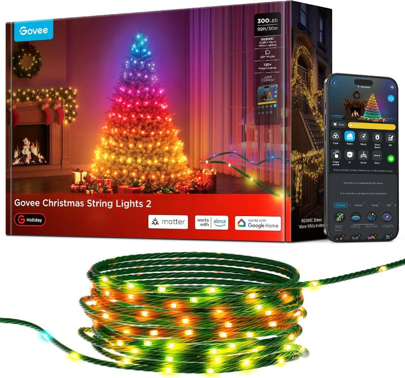 Photo 1 of 
Govee Christmas Lights 2, RGBWIC 99FT 300LEDs Holiday String Lights with Shape Mapping Function, Smart LED Decoration for Indoor Outdoor Tree, 130+ Preset Scenes, Voice and APP Control, Green Wire