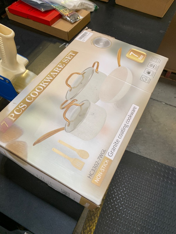 Photo 1 of M MELENTA Pots and Pans Set Non Stick, 7 Piece White Granite Induction Cookware Set, Nonstick Kitchen Cooking Set with Gold Handle and Utensil, Oven Safe (PFOS, PFOA Free)