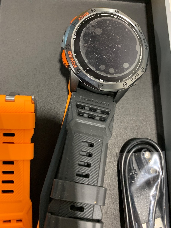 Photo 1 of Military Smart Watches Built-in GPS, 170+ Sport Modes for Men with Flashlight, Smartwatch for Android Phones and iPhone, 1.43" AMOLED Screen Bluetooth Call Compass Altimeter (Black & Orange (2 Bands))