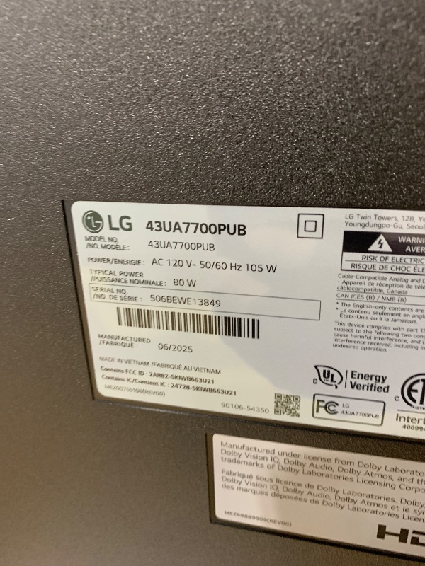 Photo 1 of LG 43UA7700P 43 inch Class UA77 Series LED AI 4K Smart webOS TV (2025)