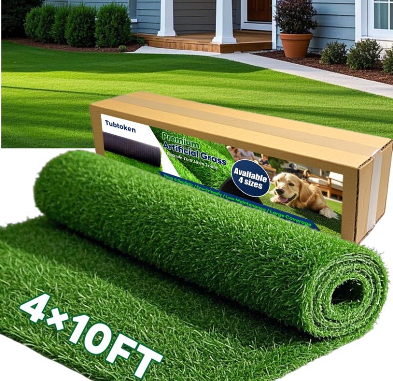 Photo 1 of Artificial Grass Turf 4x10 FT, 1.38" Thickened Realistic Fake Grass Mat, Indoor/Outdoor Synthetic Lawn with Drainage Holes, UV Resistant Low Maintenance Carpet for Garden, Patio, Pets