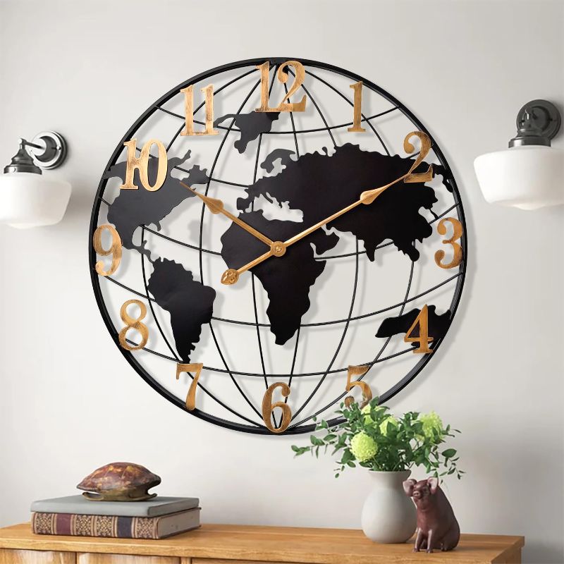 Photo 1 of Pinzon 18 Inch Wall Clock, Metal Round Silent Clock, Vintage World Map Metal Round Wall Clocks