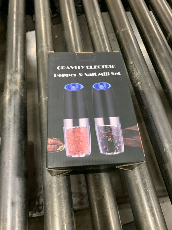 Photo 1 of Gravity Electric Pepper and Salt Grinder Set, Adjustable Coarseness, Battery Powered with LED Light, One Hand Automatic Operation, Black-2 Pack