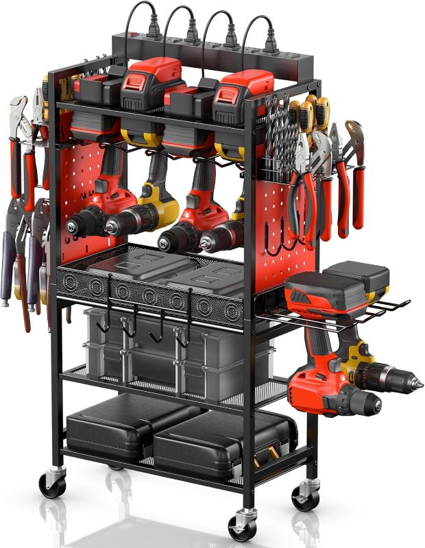Photo 1 of CCCEI Power Tool Organizer Cart with Charging Station, Garage Floor Rolling Storage Cart on Wheels for Mechanic, Mobile 6 Drill, Tool Box Utility Cart with Battery Charging Power Strip, Red.

