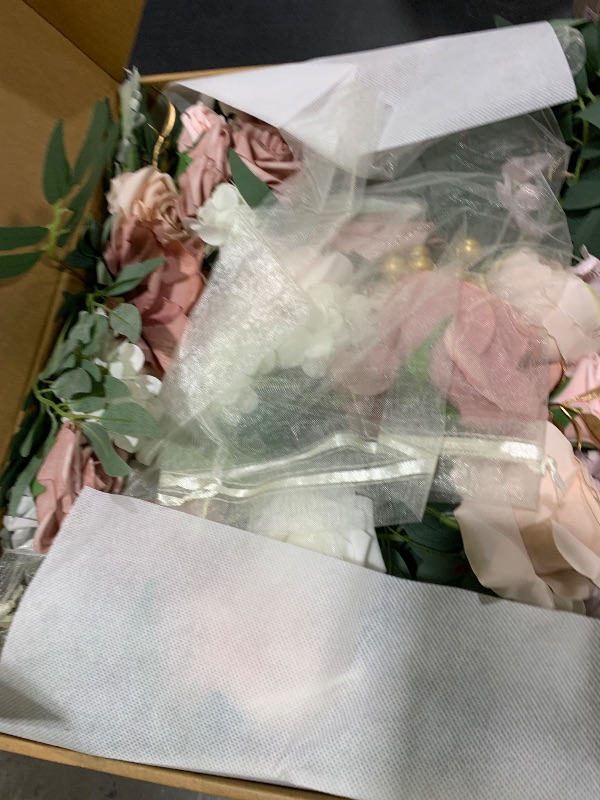 Photo 1 of Ling's Moment Pink Artificial Wedding Arch Flowers Kit Pack of 4, 2pcs Hanging Flower Arrangement 2pcs Chiffon Drapes Ceremony Reception Spring Silk Rose Arbor Backdrop Floral Garden Outdoor Decor