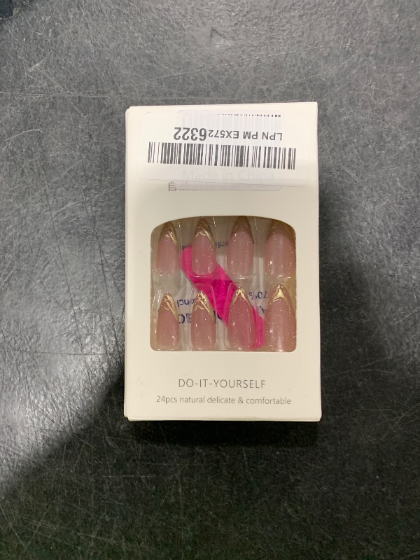 Photo 1 of Almond Press on Nails Cat's Eye Fake Nails Medium False Nails Pink Glitter Stick on Nails French Tip Gold Glue on Nails Cute Glossy Artificial Nails for Women24PCS