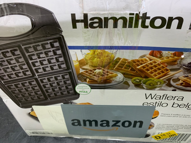 Photo 1 of Hamilton Beach Non-Stick Belgian Waffle Maker with Indicator Lights, Makes 4 4" x 5" Mini Waffles, Hashbrowns or Keto Chaffles at Once, Compact Design for Easy Storage, Black & Stainless Steel (26020)