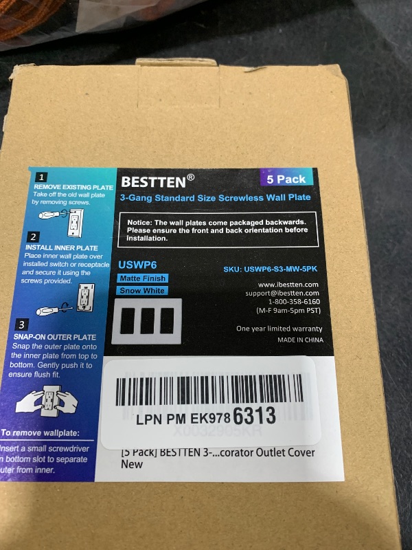 Photo 1 of (5 Pack) BESTTEN USWP6 Matte Snow White 3-Gang Screwless Wall Plate, Decorator Outlet Cover, H4.69” x W6.54”, for Light Switch, Dimmer, USB, GFCI, Receptacle