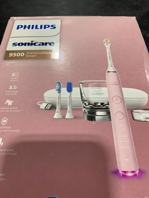Photo 1 of Philips Sonicare DiamondClean Smart 9500 Electric Toothbrush, Sonic Toothbrush with App, Pressure Sensor, Brush Head Detection, 5 Brushing Modes and 3 Intensity Levels, Pink, Model HX9923/21
