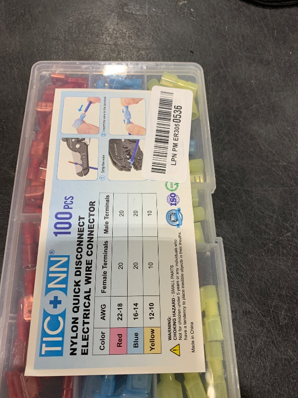 Photo 1 of TICONN 100 Pcs Nylon Spade Quick Disconnect Connectors Kit, Electrical Insulated Terminals, Male and Female Spade Wire Crimp Terminal Assortment Kit
