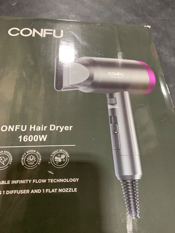 Photo 1 of CONFU Ionic Blow Dryer 1600W, Portable Lightweight Fast Drying Negative Ion Hairdryer Blowdryer, 3 Heat Settings & Infinity Speed, with Diffuser and Concentrator Nozzle for Home & Travel