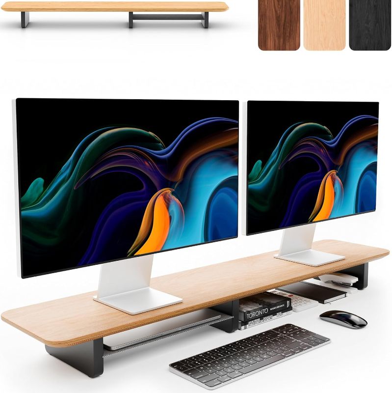 Photo 1 of KIVY Dual Monitor Riser With Integrated Metal Shelf [MADE BY HAND] - Wooden Desk Shelf for 2 Monitors - Wide Long Stand for Desk (44 x10x3in - Oak)
