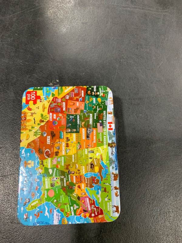 Photo 1 of LELEMON United States Puzzles for Kids Ages 4-8,100 Pieces USA Animal Map Jigsaw Puzzles in a Metal Box,Fun America Map Learning Educational Toys for Boys Girls