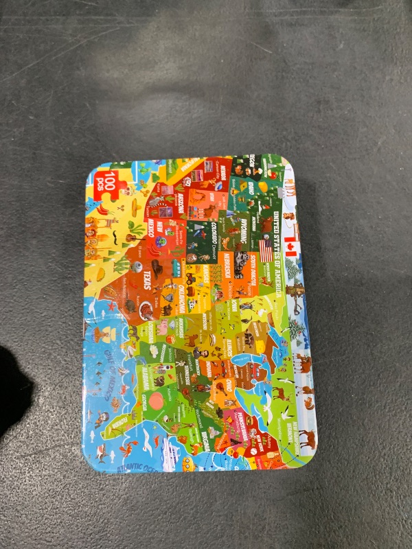 Photo 1 of LELEMON United States Puzzles for Kids Ages 4-8,100 Pieces USA Animal Map Jigsaw Puzzles in a Metal Box,Fun America Map Learning Educational Toys for Boys Girls