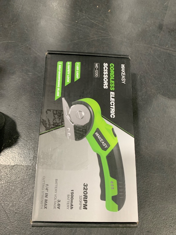Photo 1 of MAKEASY Cardboard Cutter, Rechargeable Electric Scissors, Box Cutter with a Replacement Blade, Rotary Cutter for Fabric, Carpet, Plastic and Leather, 3.6V, 1500mAh, 320RPM