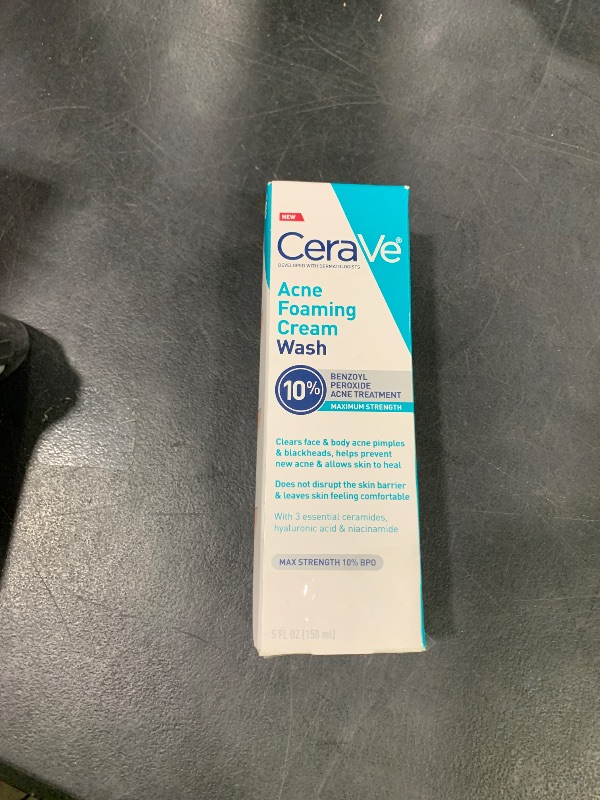 Photo 1 of CeraVe Acne Foaming Cream Wash, Gentle Face and Body Cleanser with Benzoyl Peroxide 10%, Hyaluronic Acid, and Niacinamide, 10% Benzoyl Peroxide Treatment Clears Pimples and Blackheads 5 Oz