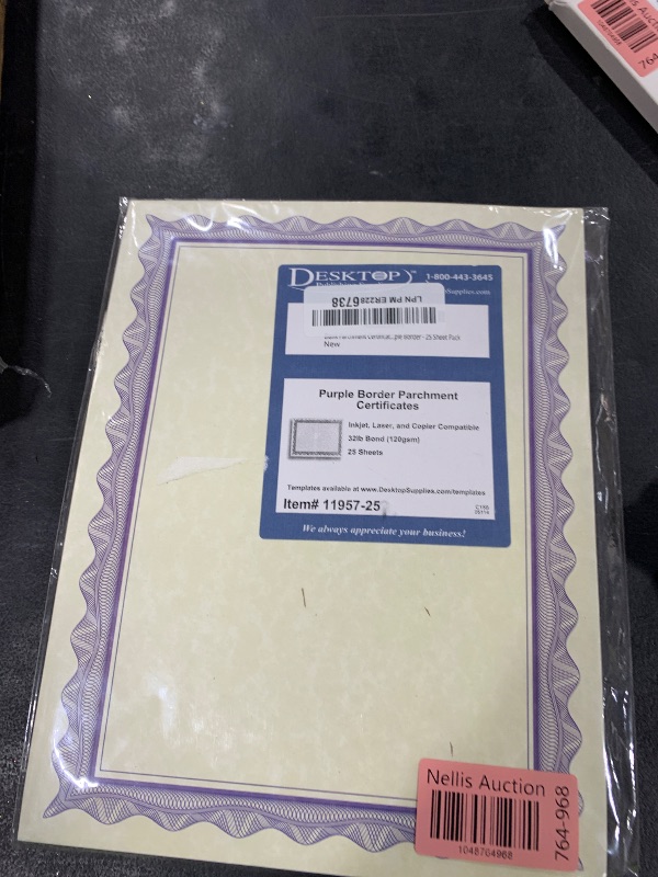 Photo 1 of Blank Parchment Certificate Paper for Awards - Works with Inkjet/Laser Printers - Measures 8 1/2" x 11" - Purple Border - 25 Sheet Pack