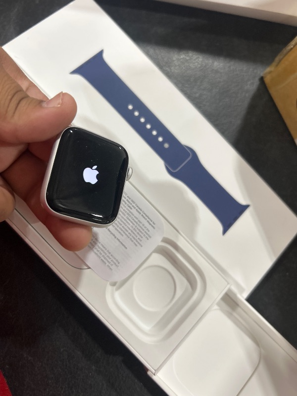 Photo 1 of Apple Watch SE (2nd Gen) [GPS 44mm] Smartwatch with Silver Aluminum Case with Denim Sport Band M/L. Fitness and Sleep Trackers, Crash Detection, Heart Rate Monitor, Retina Display