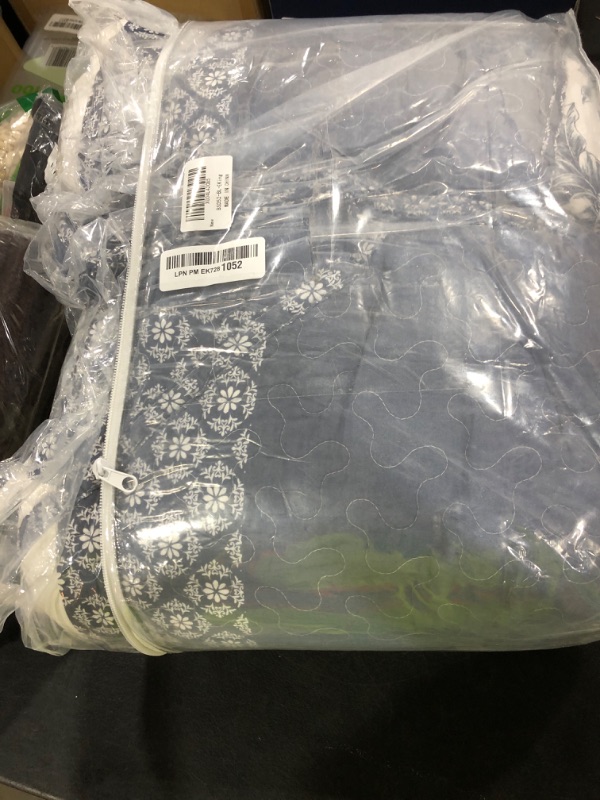 Photo 1 of SOElinens Oversized King Bedspreads 128x120 Extra Wide - Botanical Floral Farmhouse Reversible California King Quilt Set, 3-Piece Lightweight Thin Comforter, 100% Cotton, Cal King, Navy Blue/White