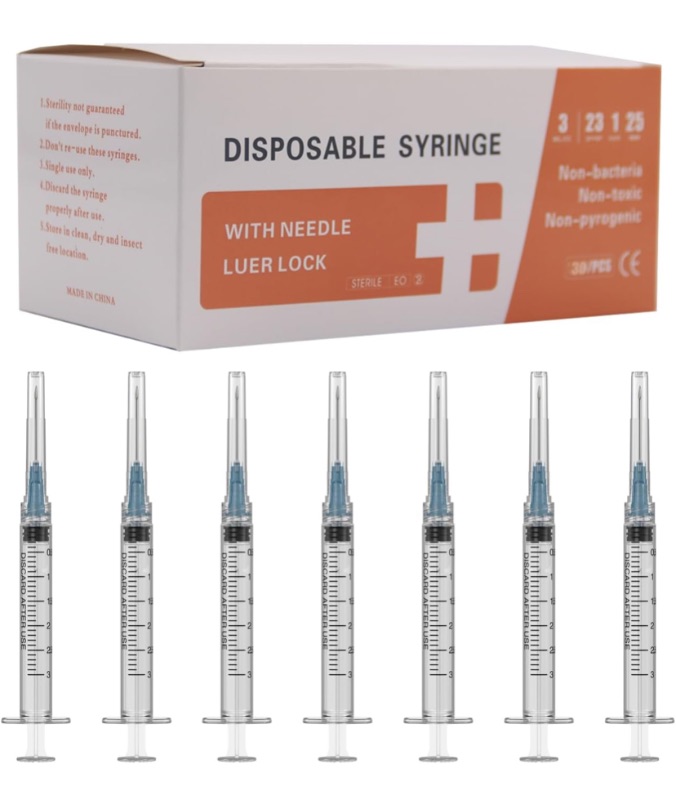 Photo 1 of 23 Gauge 1 inch Needle with Syringe(30 Pack), 3ml Luer Lock Syringes with Needle, Individual Package