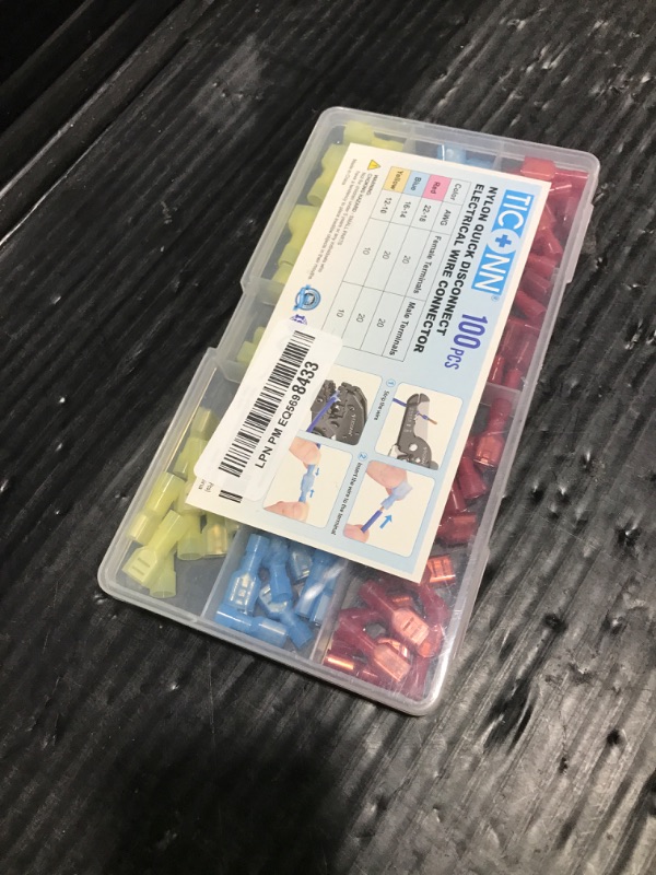 Photo 1 of TICONN 100 Pcs Nylon Spade Quick Disconnect Connectors Kit, Electrical Insulated Terminals, Male and Female Spade Wire Crimp Terminal Assortment Kit
