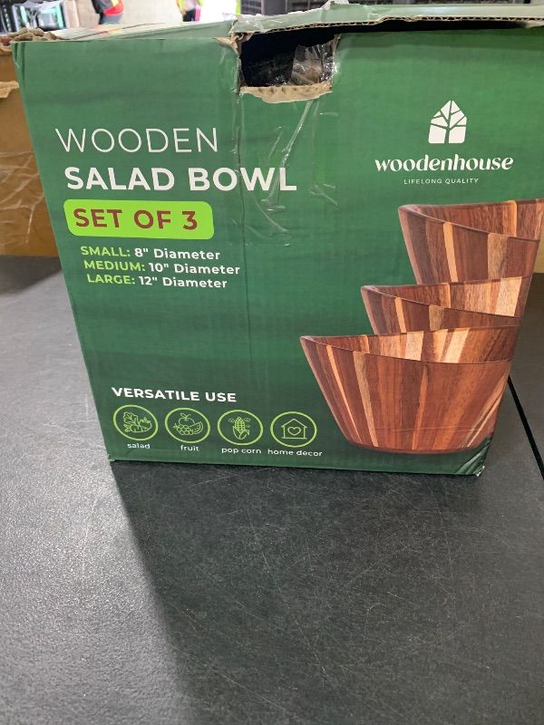 Photo 1 of Wooden Salad Bowl Set, Salad Bowls Set of 3 - Wavy Design Salad Bowl Set for Serving, Handmade, Durable and Stylish Natural Wood Dining Accessory by Woodenhouse