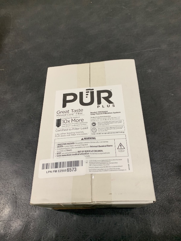 Photo 1 of PUR PLUS Vertical Faucet Mount Water Filtration System, Lead-Reducing Filter, Great-Tasting Water, Easy Install, Lasts 100 Gallons, Compatible with Sinks with External Aerators, Grey