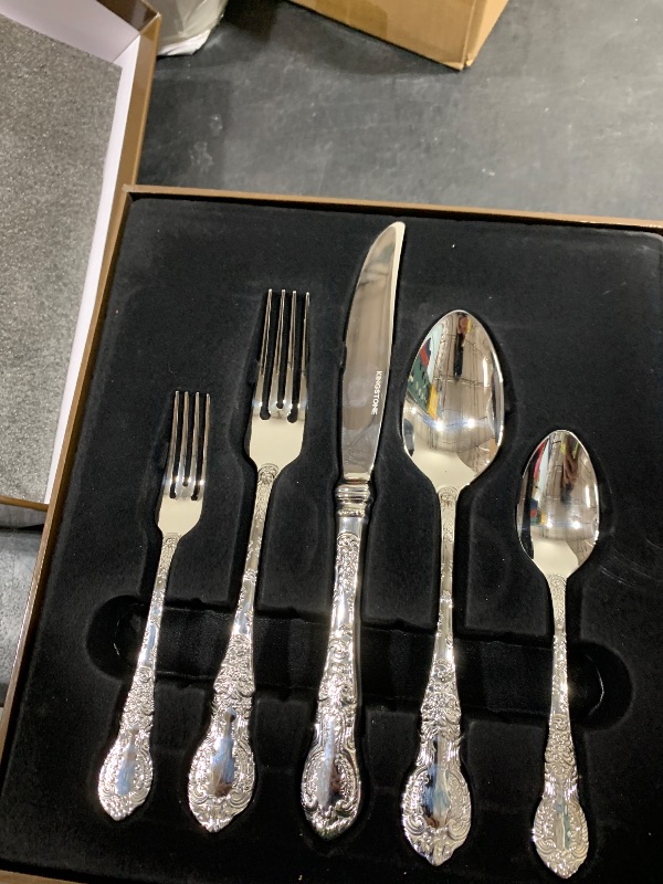 Photo 1 of KINGSTONE Vintage Carved Silverware Set, 60-Piece 18/10 Stainless Steel Flatware Cutlery Set with Retro Royal Thick Handle, Tableware Utensils for Home, Restaurant, party, Wedding, Dishwasher Safe