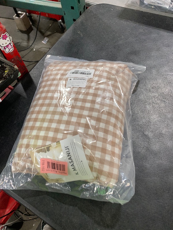 Photo 1 of K MASANIJI 100% Cotton Taupe White Plaid Ruffled Table Cloth Rectangular 120x60 in Buffet Cottage Coquette Checker Gingham Vintage Decorative Tablecloth (Taupe/White Plaid, 120x60 inches)