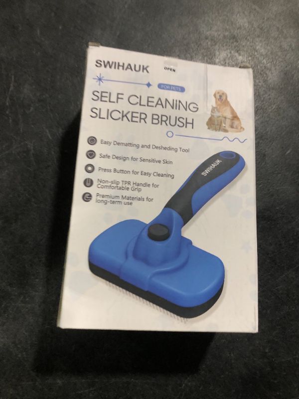 Photo 1 of Swihauk Self Cleaning Slicker Brush - Skin Friendly Deshedding Grooming Tool for Dogs & Cats, Suitable for Shedding & Haired Pets, with Pet Supplies Accessories, Blue