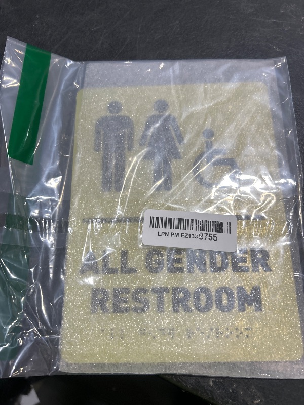 Photo 1 of All Gender Restroom Sign by GDS - ADA Compliant, Wheelchair Accessible, Raised Icons, & Grade 2 Braille - Includes Adhesive Strips for Easy Installation - Bathroom Signs for Business, Restroom Signs for Business - 6" W x 8" H (Brushed Gold) - Made in USA