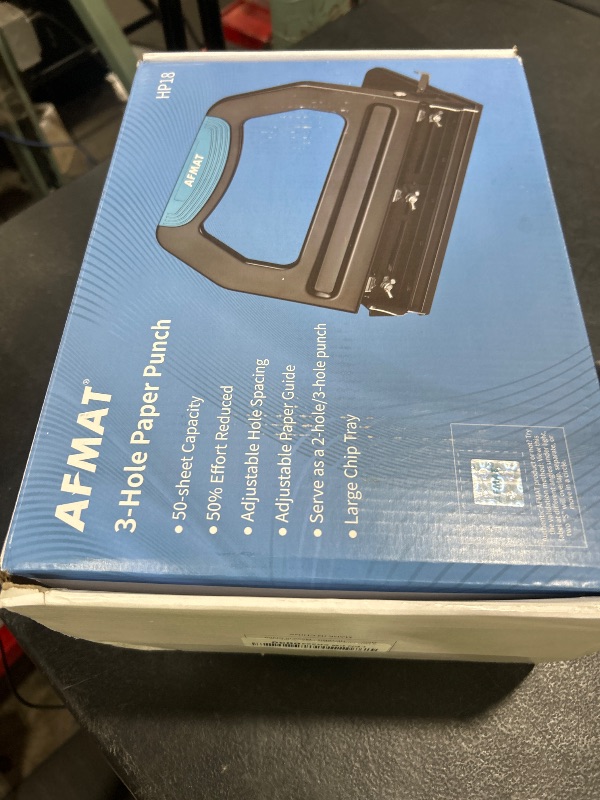 Photo 1 of AFMAT Heavy Duty 3 Hole Punch, 50-Sheet, 50% Reduced Effort, Adjustable Two & Three Hole Punch, Metal Paper Puncher w/Large Chip Tray, Metal Paper Guide, Black