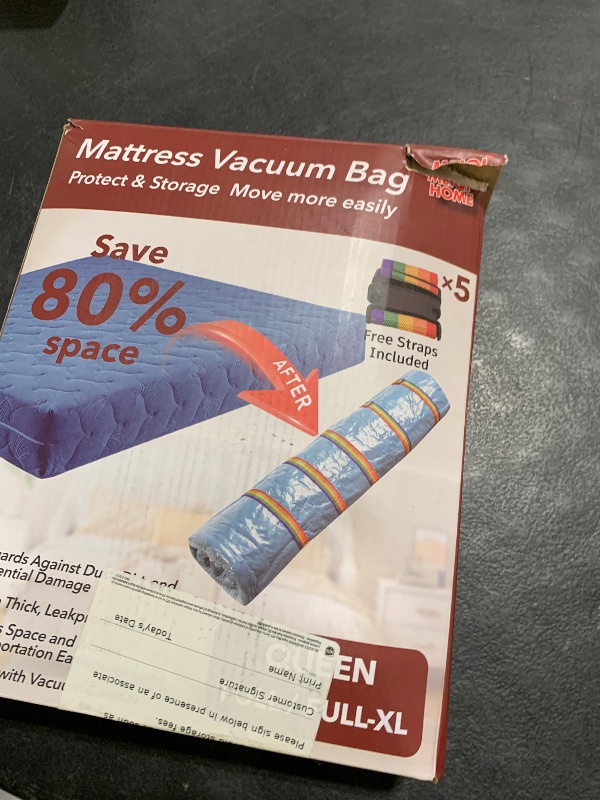 Photo 1 of Queen/Full/Full-XL Mattress Vacuum Bag for Moving and Storage, Vacuum Seal Compression Bag for Queen and Full Size Mattresses, Heavy Duty Mattress Bag for Storage, with Sealing Clip and 5 Straps