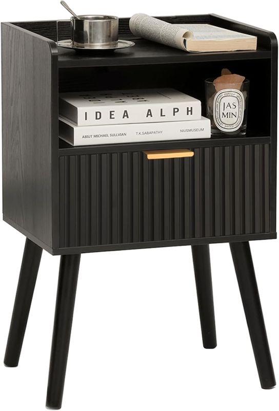 Photo 1 of AWASEN Black Fluted Nightstand, Modern Bedside Table with Storage Drawers, Small Night Stand Bed Side Table with Solid Wood for Living Room, Bedroom, Office and Small Space (Black)
