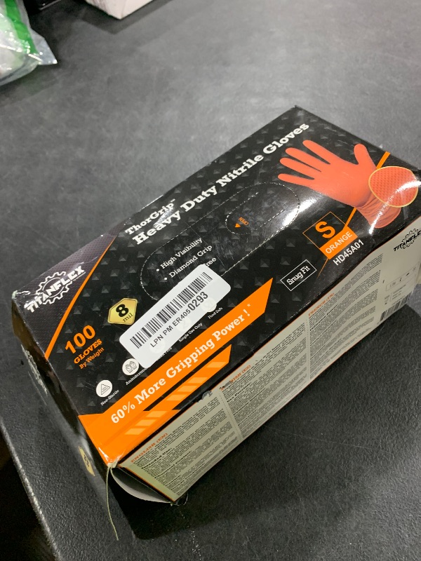 Photo 1 of TitanFlex ThorGrip Heavy Duty Industrial Orange Nitrile Gloves, 8-mil, Gloves Disposable Latex Free with Raised Diamond Texture Grip, Powder Free, Rubber Gloves, Mechanic Gloves,100-ct Box (Small)