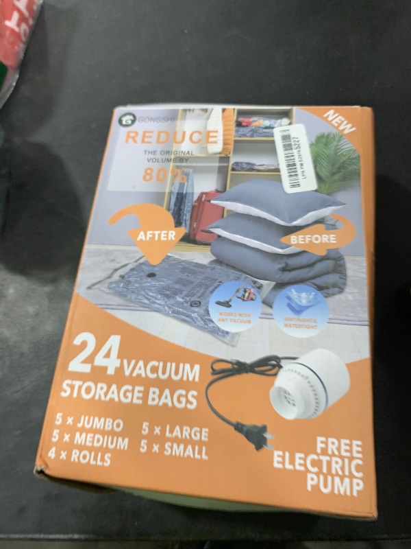 Photo 1 of 24 Pack Vacuum Storage Bags with Electric Pump, (5 Jumbo, 5 Large, 5 Medium, 5 Small, 4 Roll Up Bags) Space Saver Bag for Clothes, Mattress, Blanket, Duvets, Pillows, Comforters,Travel