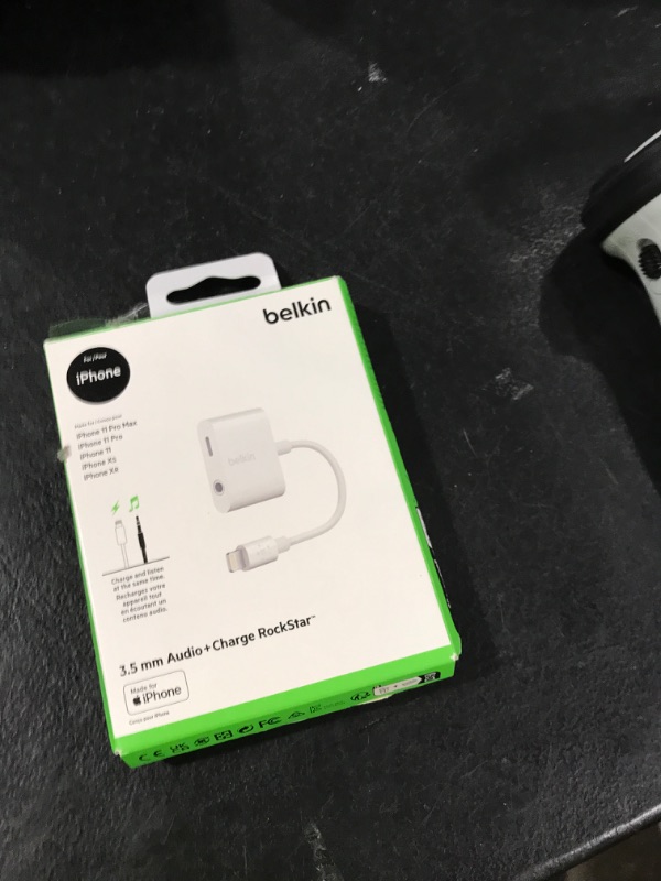 Photo 1 of Belkin RockStar Lightning to 3.5mm Audio Cable + Audio Charger Splitter, 2-in-1 Aux iPhone Headphone and Charger Adapter - Compatible with iPhone 14, 13, 12, 11, X, and More - White