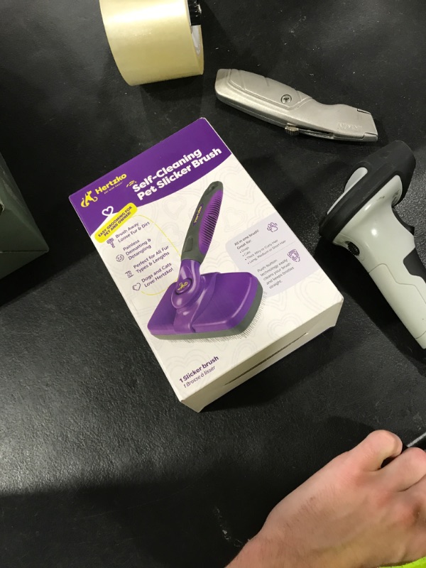 Photo 1 of Hertzko Self Cleaning Slicker Brush for Dogs and Cats - Pet Hair Brush for Shedding Long and Short Hair - Easy Clean Retractable Bristles - Cat and Dog Grooming Tool - Purple