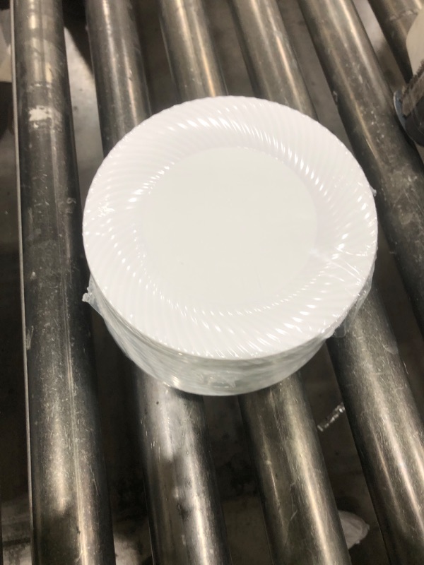 Photo 1 of FOCUSLINE 7 Inch White Plastic Plates, 100 Count Disposable Heavy Duty Salad Dessert Plates, Premium Hard Plastic for Weddings, Parties and Events