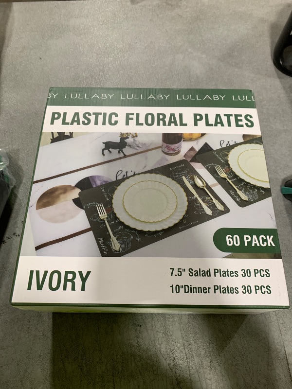 Photo 1 of Lullaby 60PCS Ivory Scalloped Plastic Plates with Gold Rim, Disposable Elegant Plates Include 30pcs Dinner Plate 10.25", 30pcs Plastic Dessert Plate 7.5", Perfect for Wedding and Party