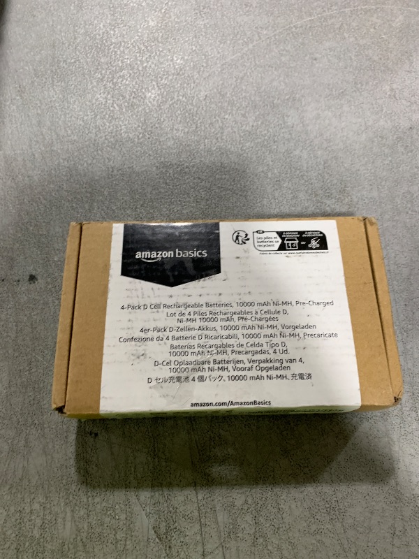 Photo 1 of Amazon Basics Rechargeable D Cell Batteries, 4-Pack, NiMH, 10000 mAh, Recharge up to 1000x Times, Pre-Charged