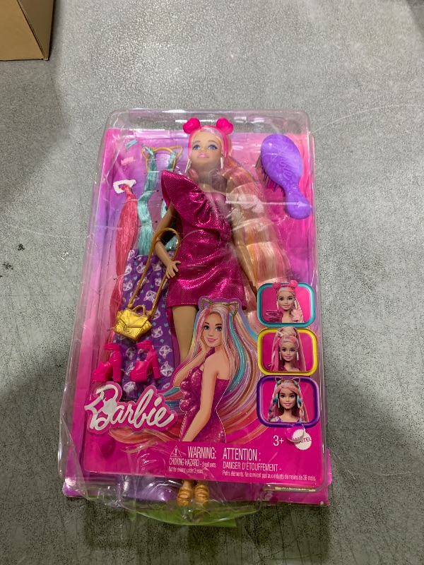 Photo 1 of Barbie Doll, Fun & Fancy Hair with Extra-Long Colorful Blonde Hair and Glossy Pink Dress, 10 Fashion Play Accessories