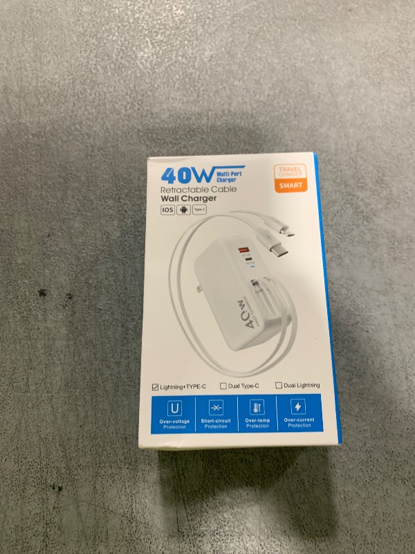 Photo 1 of 4-in-1 Retractable Gan Wall Charger Plug,Travel Essentials Brick Multiport USB Ports,3ft Lightening and Type C Cables,40W Multi Fast Charging Foldable Block for iPhone 16/15/14/13,iPad,Galaxy,Pixel