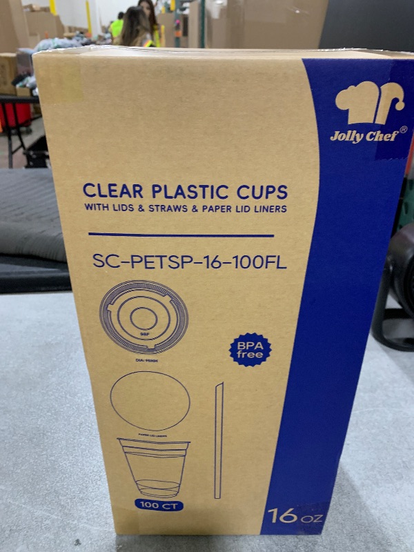 Photo 1 of JOLLY CHEF 100 Pack 16 oz Clear Plastic Cups with Lids and Straws, Disposable Iced Coffee Cups with Lids for Smoothies, Milkshakes, Cold Drinks, Includes Paper Lid Liners